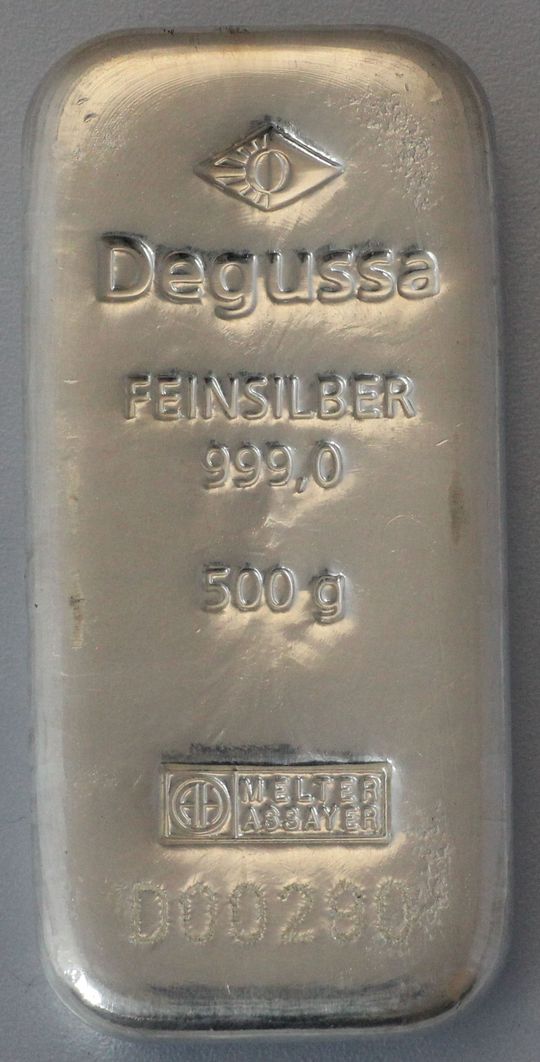 500g Degussa like Silberbarren (Argor Heraeus Barren mit Degussa Logo)