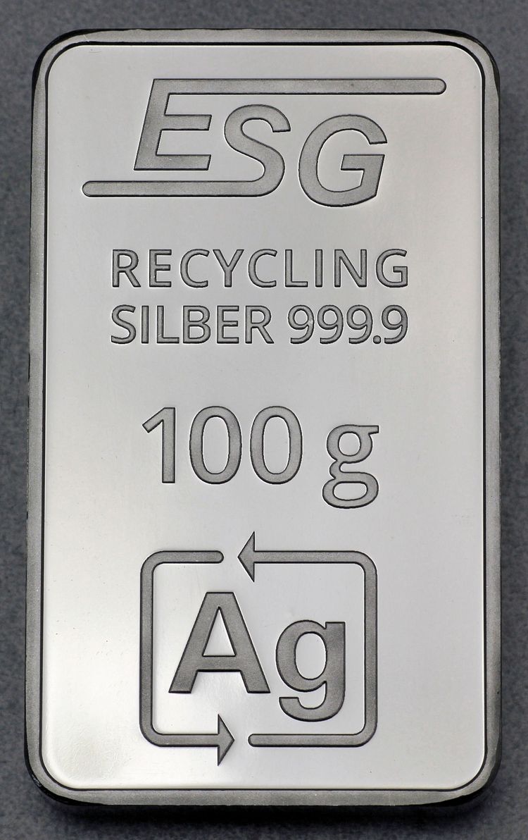 100g Silberbarren ESG Recycling Barren geprägt