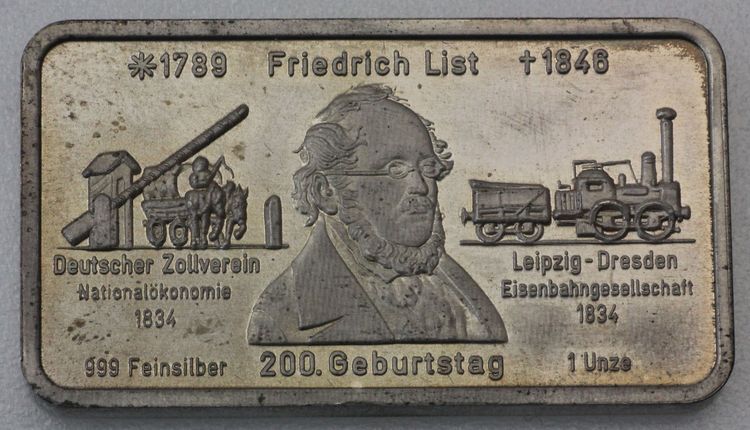 Silberbarren 200 Geburtstag Friedrich List 1oz Feinsilber