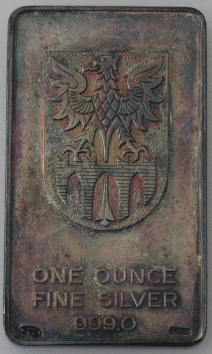 Silberbarren 1oz mit Wappen und schöner Patina